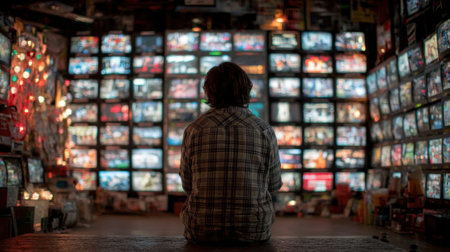 Person sits quietly in a relaxed position, surrounded by an array of vintage televisions.の素材