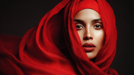 A striking portrait of a woman wearing a flowing red headscarf, showing her confident expression and captivating features. The dark background enhances her luminous skin and intense gaze.の素材