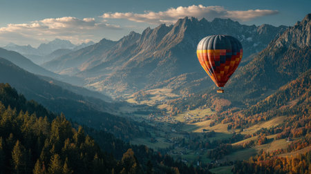 A hot air balloon ascends gracefully over a serene valley surrounded by majestic mountains. The colors of autumn dot the landscape, creating a stunning backdrop as the sun sets.の素材