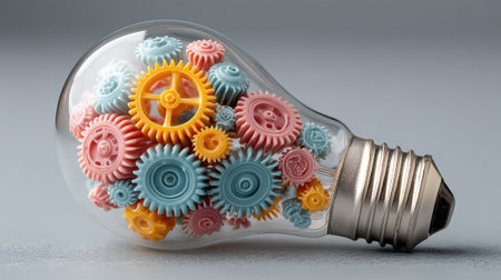 Colorful gears in shades of pink, blue, and yellow are packed inside a transparent light bulb, representing the fusion of engineering and artistic creativity at an abstract level.の素材