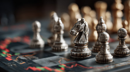 A chess game unfolds with silver and gold pieces arranged on a tactical board. The focus is on a knight piece amidst strategic maneuvering, showcasing deep concentration.の素材