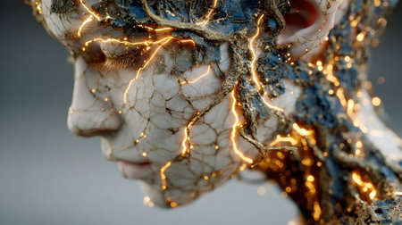 A detailed depiction of a human face features intricate cracks revealing glowing lines. The artwork merges natural and digital elements, creating an ethereal and futuristic appearance.の素材