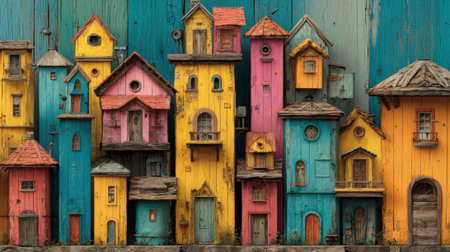 A vibrant collection of wooden birdhouses in shades of pink, yellow, and blue stands out against a rustic blue wall, showing unique designs and artistic details.の素材