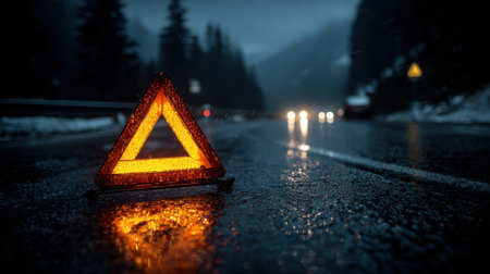 A warning sign sits on a wet, reflective road in a snowy mountain pass at night. Rain falls as headlights of approaching cars pierce the darkness, creating a tense atmosphere.の素材