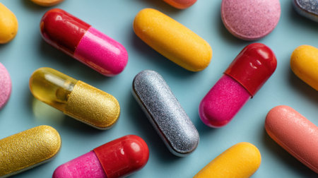 Various shapes and colors of capsules and tablets spread out on a light blue surface, highlighting the diversity in modern medicine and supplements.の素材