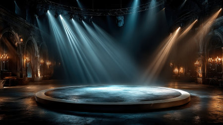 A stunning circular stage with polished surface sits in a dimly lit venue. Soft blue and amber lights cast dramatic beams, creating an atmospheric setting for an event or performance.の素材