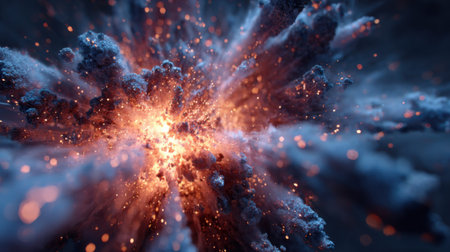 A bright orange explosion in space with a blue background. The explosion is surrounded by a cloud of smoke and fire. Concept of chaos and destructionの素材