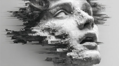 A striking display of a human face that appears to be dissolving into digital fragments, highlighting the fusion of art and technology.の素材
