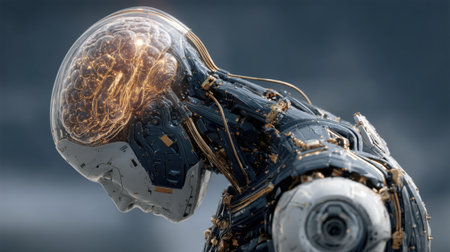 A humanoid robot features a sophisticated exposed brain structure, highlighting intricate wiring and circuitry. This depiction evokes themes of technology, innovation, and artificial intelligence.の素材