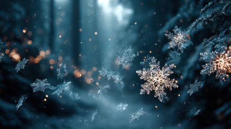 A snowflake is falling from the sky in a forest. The snowflake is surrounded by a blurry background of trees and snow. Scene is peaceful and serene, as the snowflake gently falls to the groundの素材