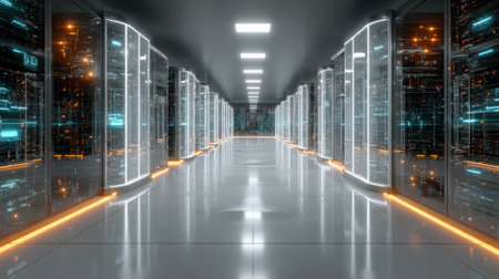 A long hallway with many computer servers. The hallway is lit up with neon lights and the servers are all lit up as well. Scene is futuristic and high-techの素材