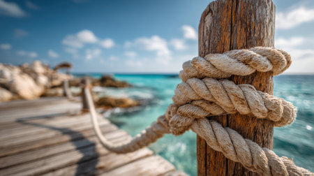 A rope tied to a wooden post in the ocean. The ocean is calm and the sky is blueの素材