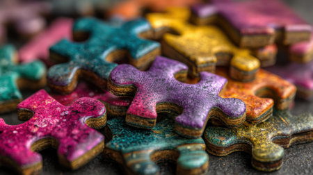 Various vibrant puzzle pieces laid scattered on a textured surface, showing intricate designs and colors during a leisurely afternoon. This scene captures creativity and focus.の素材