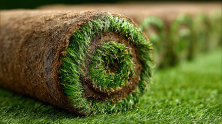 A roll of green grass is on the ground. The grass is rolled up and has a green colorの素材