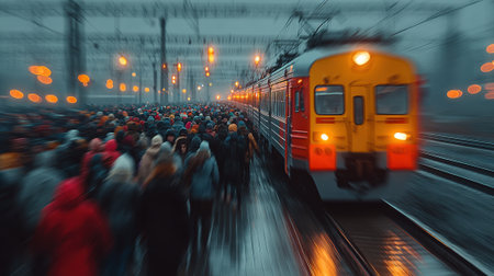 A train with a yellow and red stripe is pulling into a station. The train is surrounded by a large crowd of people waiting to board. The scene is bustling and lively, with people of all agesの素材