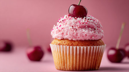 A cupcake with pink frosting and a cherry on top. The cherry is placed on top of the frosting, giving the cupcake a festive and celebratory appearance. The cupcake is sitting on a pink backgroundの素材
