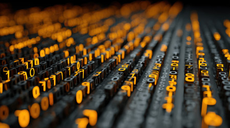 A close up of a bunch of black and orange numbers. The numbers are arranged in a grid and are very close together. Concept of complexity and orderの素材