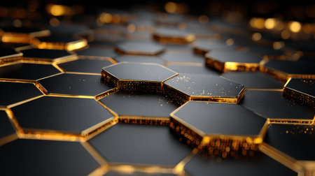 A close up of a black and gold hexagonal pattern. The gold color is prominent and the black color is also visible. The pattern is made up of many small hexagons that are all connected to each otherの素材