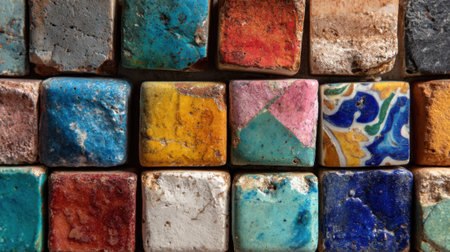 A colorful mosaic of tiles with a variety of colors and patterns. The tiles are arranged in a grid-like pattern, creating a visually interesting and dynamic composition. Scene is vibrant and livelyの素材
