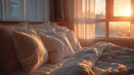 A bed with white pillows and a white comforter. The pillows are arranged neatly and the comforter is spread out. The sun is shining through the window, creating a warm and cozy atmosphereの素材