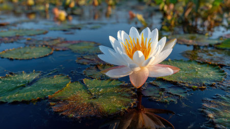 A white flower is floating on the surface of a pond. The water is calm and still, and the flower is the only thing visible in the scene. Concept of tranquility and serenityの素材