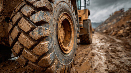 A dirty tire on a muddy road. The tire is black and has a lot of dirt on itの素材