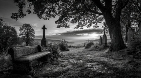 A cemetery with a bench and two crosses. The bench is empty and the crosses are in the backgroundの素材