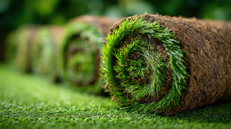 A roll of green grass is on the ground. The grass is rolled up and has a spiral shapeの素材
