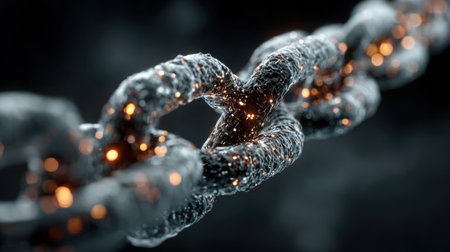 A chain of metal links with a glowing, fiery appearance. The chain is twisted and bent, giving it a sense of movement and energy. The image evokes a feeling of power and strengthの素材