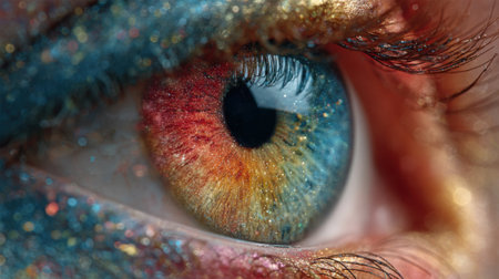 A colorful eye with glittery eyeshadow. The eye is surrounded by a rainbow of colors, making it look like a work of art. The glittery eyeshadow adds a touch of glamor and sparkle to the eyeの素材