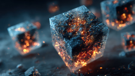 A close up of three cubes, each with a different color and texture. The cubes are surrounded by a lot of fire, which gives the scene a dramatic and intense moodの素材