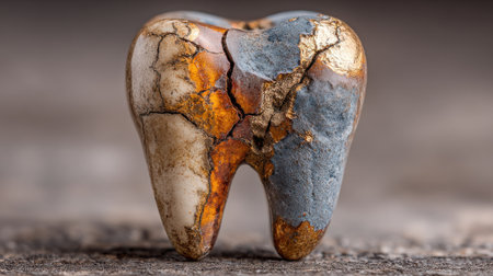 A tooth is broken and has a gold and blue color. It is on a wooden surface. The tooth is cracked and has a rough textureの素材