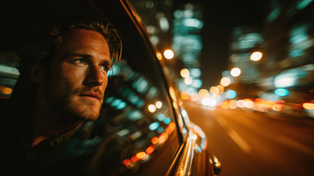 A man is looking out the window of a car at a city street at night. The lights of the city are reflected in the car window, creating a blurry effect. The man is lost in thoughtの素材