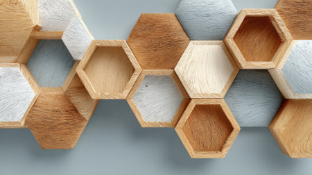 A wooden hexagon with a white center is surrounded by other hexagons of different colors. Concept of warmth and coziness, as the wooden elements create a rustic and inviting atmosphereの素材