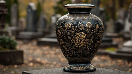 A black and gold vase with flowers on it sits on a stone slab. The vase is placed in a cemetery, surrounded by gravestones. Concept of solemnity and reverenceの素材