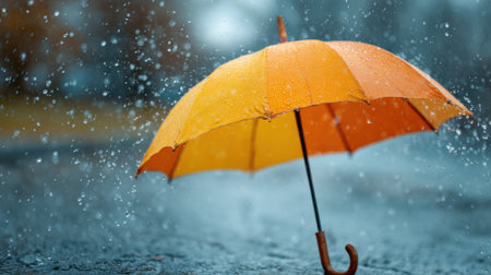 A yellow umbrella is open in the rain. The umbrella is open to the right sideの素材