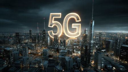 A city skyline with the letters 5G glowing in the sky. The city is lit up at night, giving it a vibrant and energetic atmosphereの素材