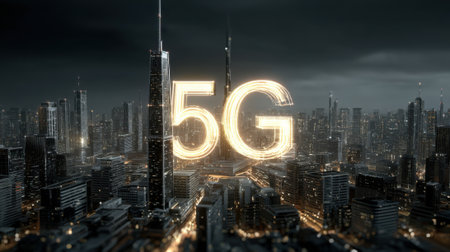 A city skyline with a large building in the background and the word 5G written in neon lettersの素材
