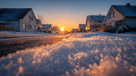 A quiet residential street is blanketed in fresh snow as the sun rises, casting a warm, golden glow across the landscape and creating a peaceful winter atmosphere.の素材