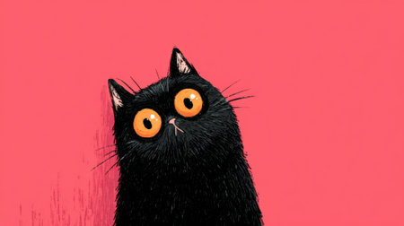 A black cat with yellow eyes is staring at the camera. The cat is looking at the camera with a surprised expressionの素材