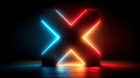A bold X shape stands illuminated by vibrant blue and orange lights against a dark background. The contrasting colors enhance the geometric design and create an energetic atmosphere.の素材