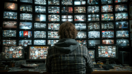 A dedicated operator reviews numerous security feeds displayed on multiple screens in a dark control room, ensuring safety and surveillance. The atmosphere is intense and concentrated.の素材