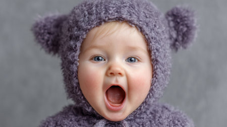 A cheerful baby is wearing a fluffy purple bear costume, smiling with wide eyes and an open mouth. The indoor setting is softly lit, creating a warm atmosphere.の素材