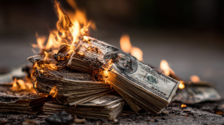 Stacks of burning currency create a dramatic display in a street protest, symbolizing anger over government wasteful spending and financial corruption during the evening hours.の素材