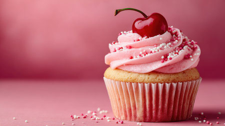 A pink cupcake with a cherry on top. The cherry is surrounded by sprinkles. The cupcake is placed on a pink backgroundの素材