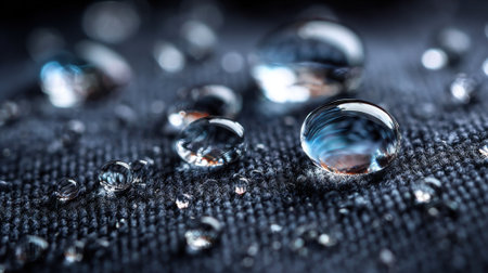 Close-up view of various water droplets on dark textured fabric highlights the contrast and clarity of each droplet. The setting captures the beauty of natural elements on fabric.の素材