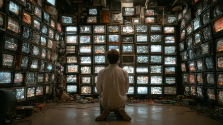 An individual sits on the floor facing a wall covered with old televisions, each showing different static patterns. The room is cluttered with cables and various items, creating a chaotic atmosphere.の素材