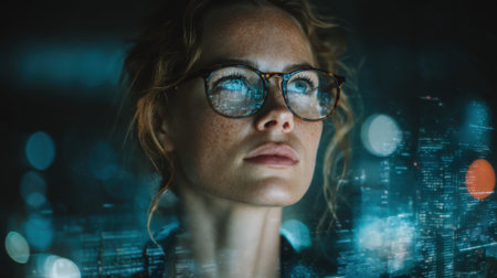 A woman with glasses looking at a cityscape. The image has a futuristic feel to it, with the cityscape appearing to be a projection or a digital rendering. The woman's gaze is focused and intenseの素材