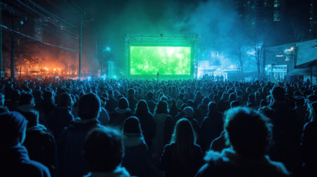 People fill a city street at night, captivated by a stunning outdoor light display featuring vibrant green visuals. Smoke and illumination create an engaging atmosphere for the audience.の素材
