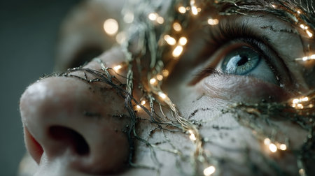 A detailed view of a face showing bright blue eyes surrounded by delicate twigs and glowing lights. The intricate decoration highlights a blend of nature and creativity.の素材